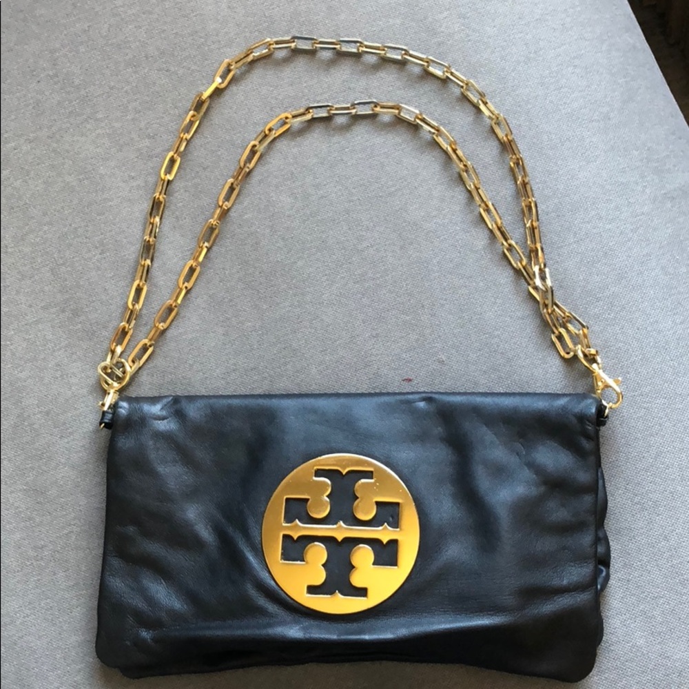 Tory Burch Reva Glazed Blk Leather Clutch Bag